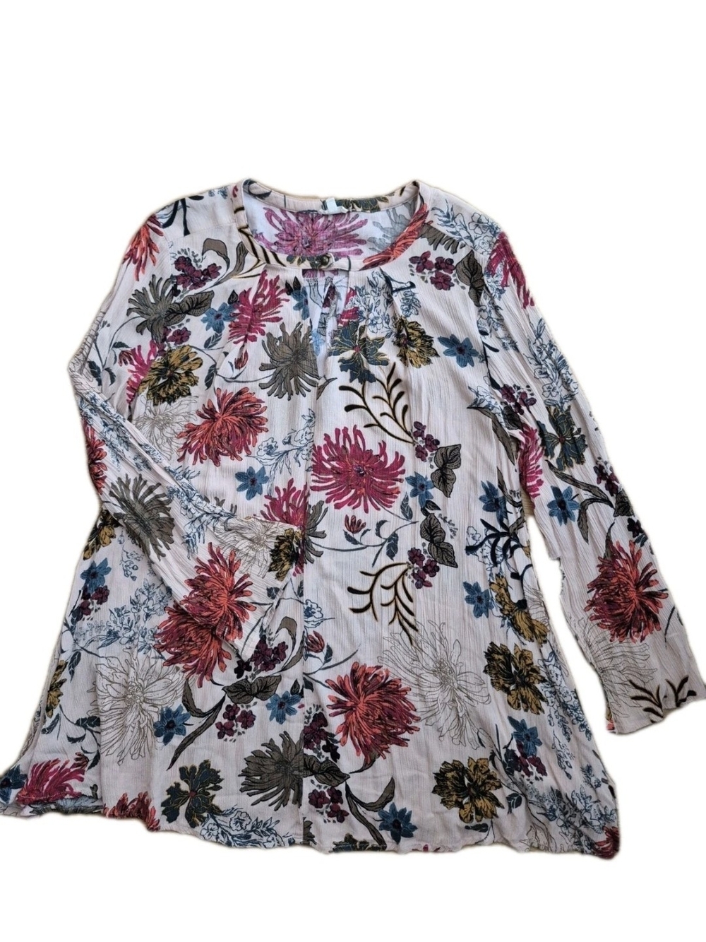 En Creme White Long-Sleeve Floral Tunic with Pink, Blue & Brown Accents